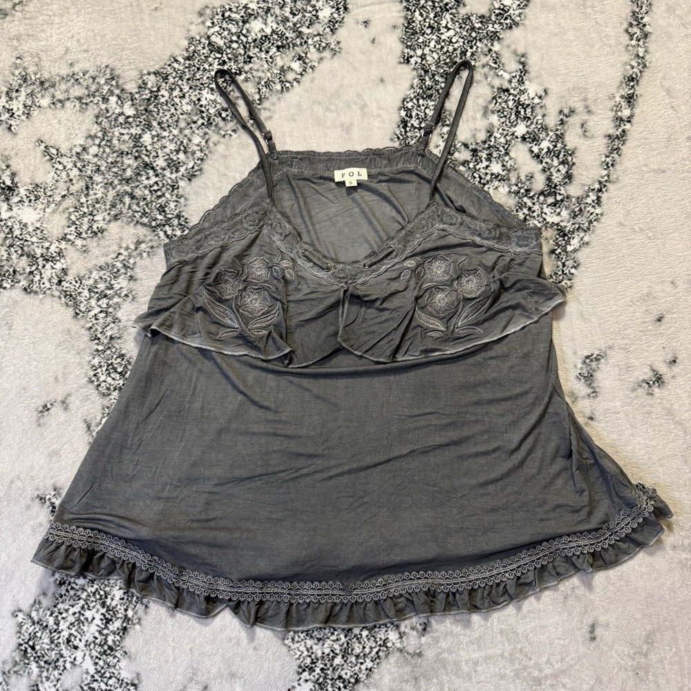 Pol Tank Top Womens Size S Gray Lace Trim Embroidery Rayon Spaghetti Straps